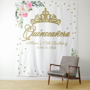 Tenture Couronne de Quinceanera en or Fond floral rose cha