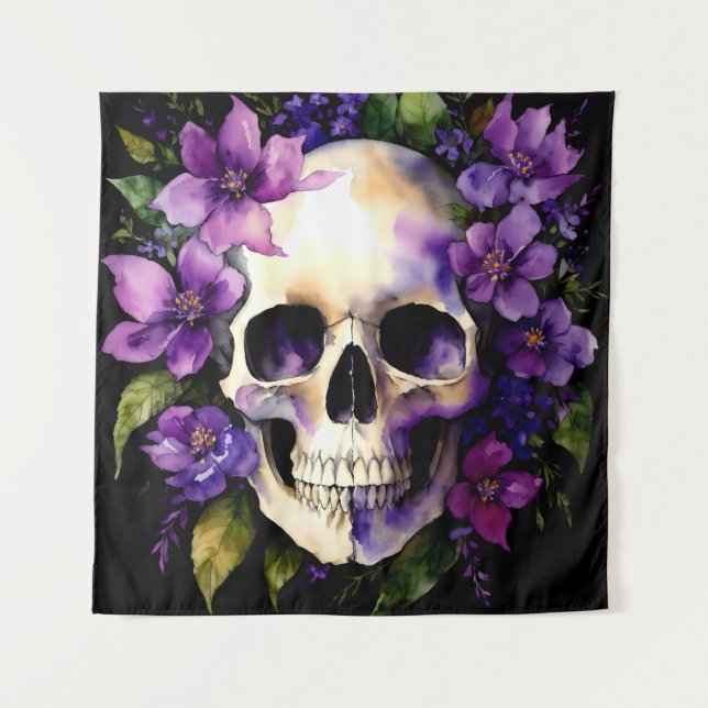 Tenture Crâne aux fleurs violettes Goth Aquarelle Art (Devant)