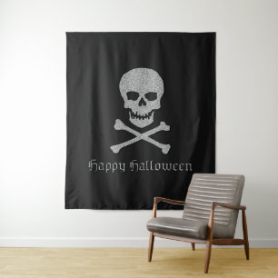 Tenture Crâne d'argent et os croisés Fond d'Halloween