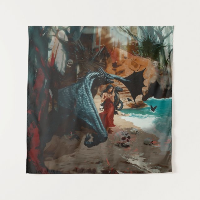 Tenture Crâne de dragon Abstrait Occulte Cuisine foncée AI (Devant)