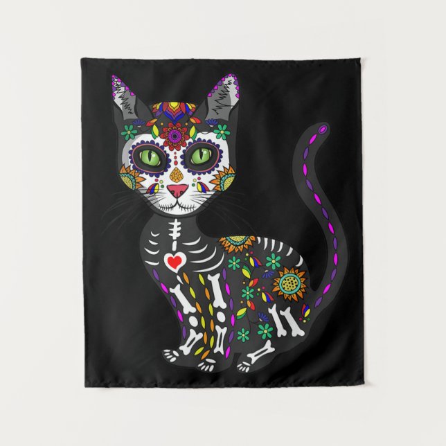 Tenture Crâne sucre Chat mexicain Halloween Jour De La Mor (Devant)