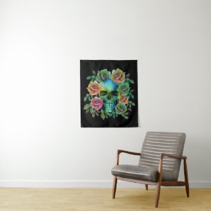 TENTURE CRÂNE VERT DE LA MORT AVEC FLEURS