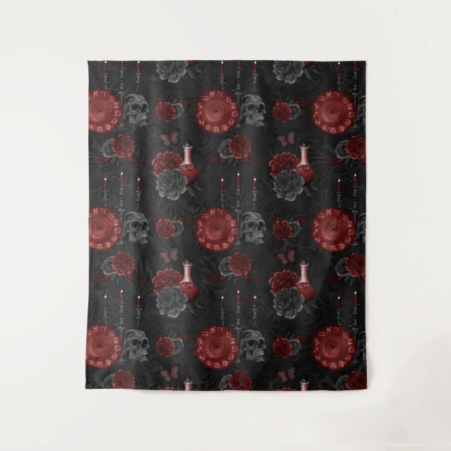 Tenture Crimson magique Zodiac | Rose de crâne gothique ro (Devant)