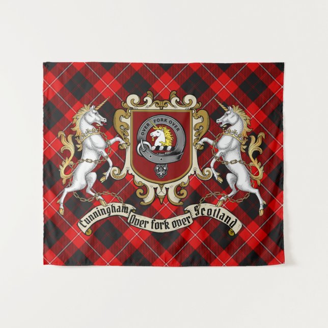Tenture Cunningham Clan Badge & Unicorns avec Tartan (Devant (Horizontal))