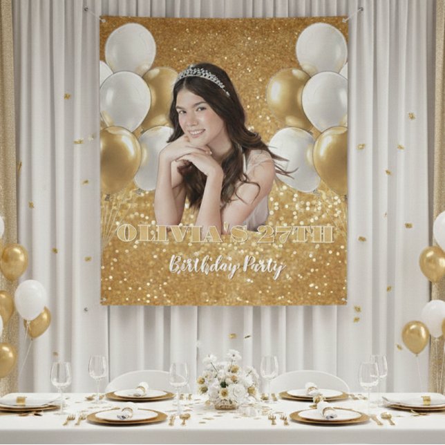 Tenture Custom Photo Birthday Backdrop,  gold & white (Créateur téléchargé)