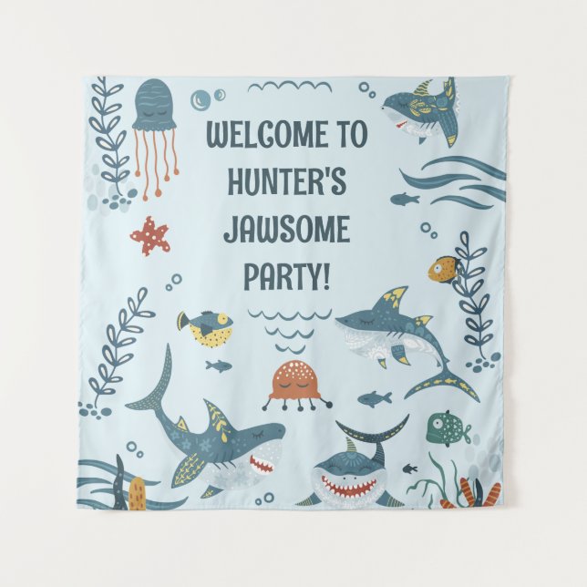 Tenture Cute Blue Shark's Birthday Welcome Tapestry (Devant)