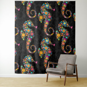 Tenture Cute Coloré Hippocampe Floral Noir Damas