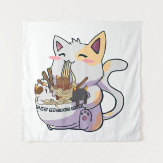 Tenture Cute Neko Chat avec nouilles Ramen Bowl Anime Japo