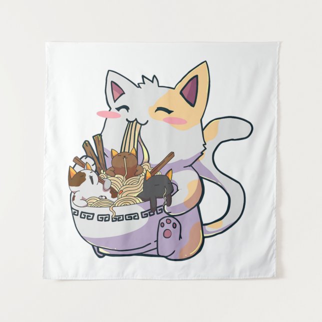 Tenture Cute Neko Chat avec nouilles Ramen Bowl Anime Japo (Devant)