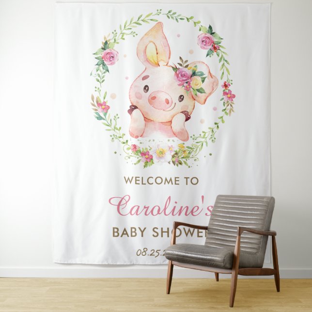 Tenture Cute Piggy Cochon rose Baby shower Floral Accueil  (En situation)