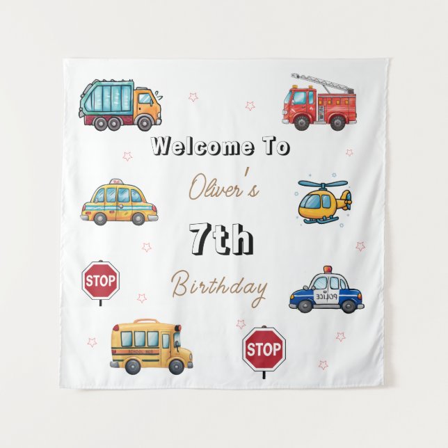 Tenture Cute Service Vehicle Birthday bash welcome sign  (Devant)