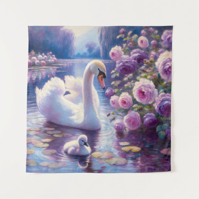 Tenture Cygnet blanc avec Roses violets (Devant)