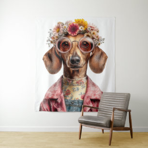 Tenture Dachshund Floral de Style Vintage