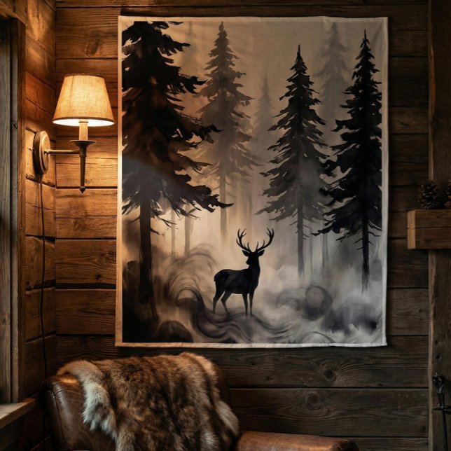 Tenture Dark Ink Deer Forest Tapestry | Moody Woodland Art (Créateur téléchargé)