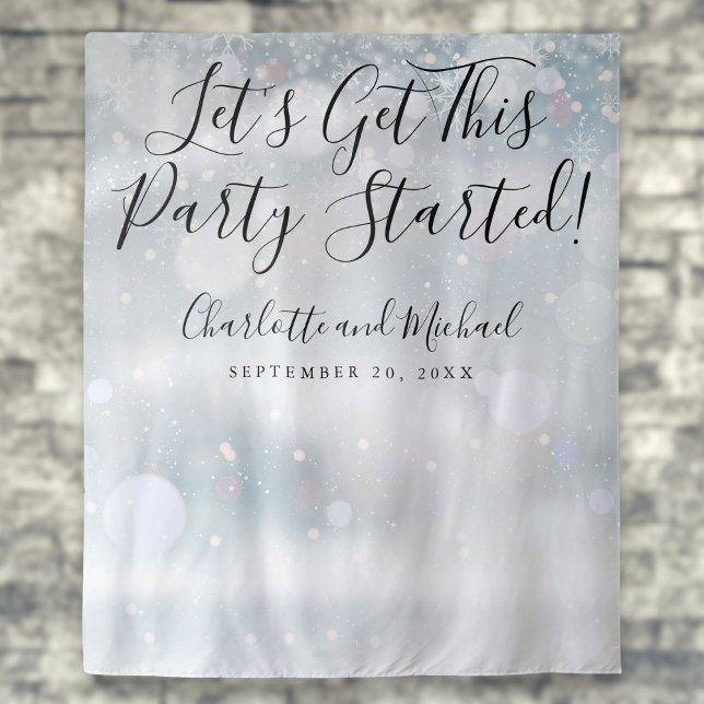 Tenture Début de la fête Script Winter Snowflakes Photo Bo (Party Started Script Winter Snowflakes Photo Booth Tapestry)
