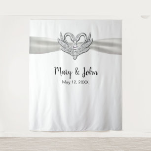 Tenture Décor de mariage Cygnes Argent Ruban Blanc
