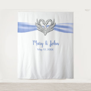Tenture Décor de mariage Cygnes argentés Ruban bleu