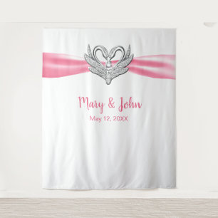 Tenture Décor de mariage Cygnes argentés Ruban rose