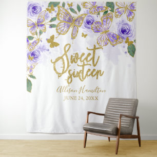 Tenture Décor floral papillons violets pour Sweet 16