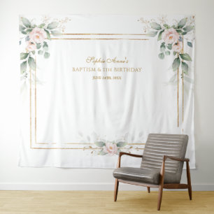 Tenture Décoration florale rose pour baptême et 1er annive