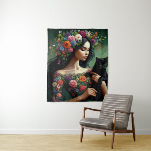 Tenture Déesse Florale Mystique avec Chat Noir – Art Fanta