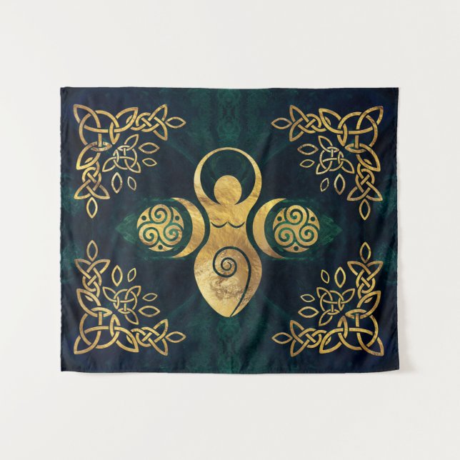 Tenture Déesse triple avec triskee - Bande or et verte (Devant (Horizontal))