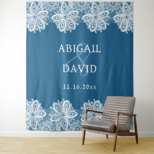Tenture Dentelle blanche sur fond Mariage bleu