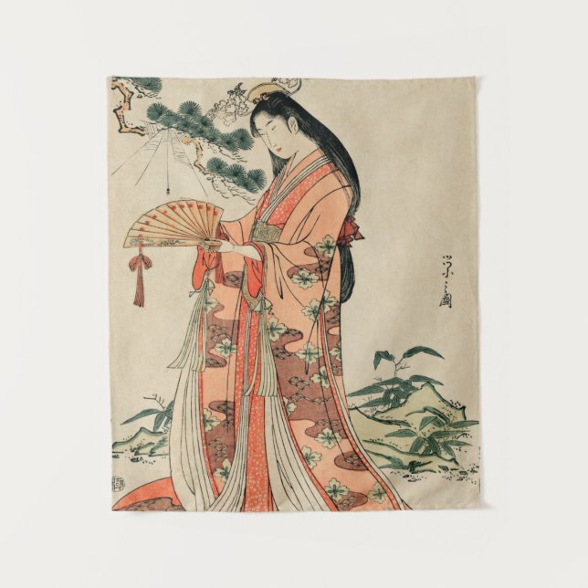 Tenture Dessin de bois japonais antique avec une femme (Devant)