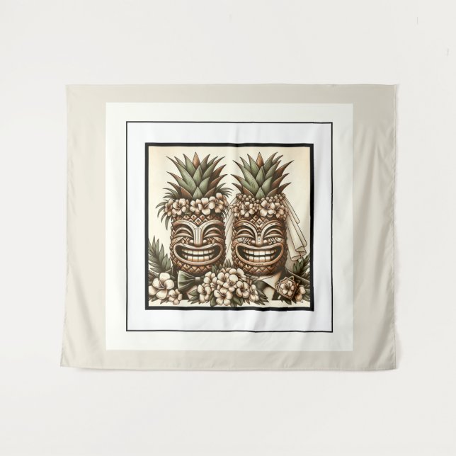 Tenture Deux mariés Tête de Tiki Gay Ananas Rétro Mariage  (Devant (Horizontal))