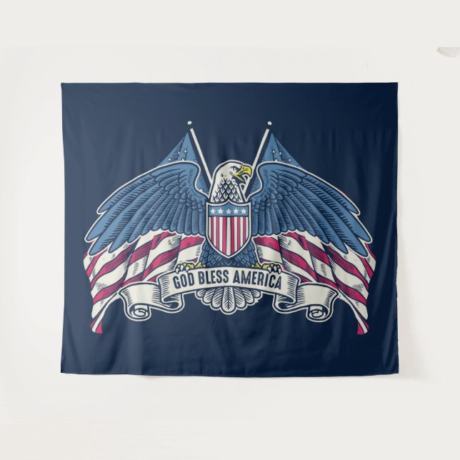 Tenture Dieu bénisse l'Amérique Aigle chauve et drapeau (Devant (Horizontal))