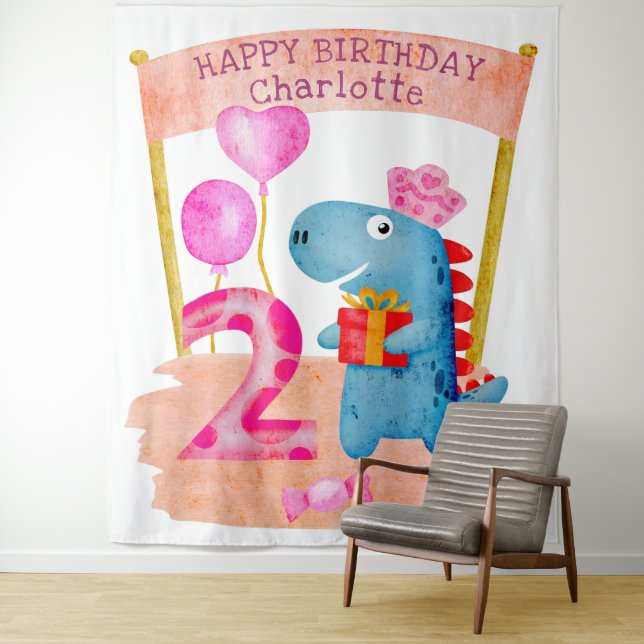 Tenture Dinosaure Cute Girly 2 ans Anniversaire (En situation)