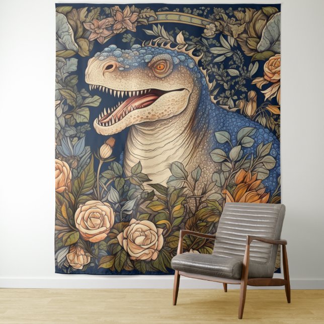 Tenture Dinosaure et fleurs de style Art nouveau (En situation)