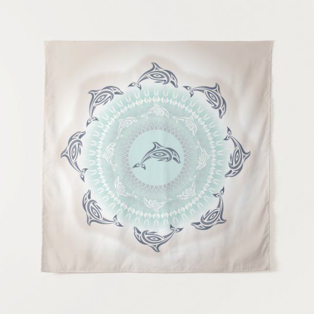 Tenture Dolphins Mandala Blue Taupe Coastal (Devant)