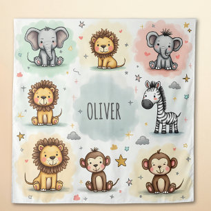 Tenture Doodles d'animaux de safari à l'aquarelle mignons