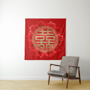Tenture Double symbole de bonheur sur les pivoines rouges