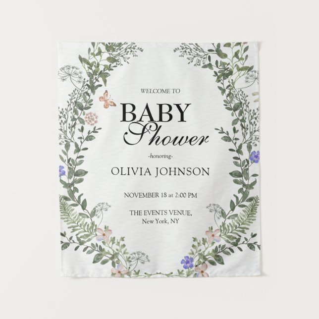 Tenture Douce Baby Shower Bohème Florale Verte et Genre Ne (Devant)