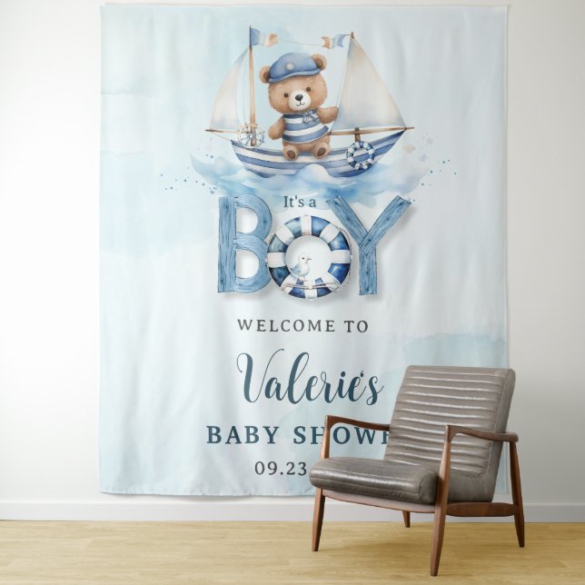 Tenture Douce Baby Shower Thème Marin Ours en Peluche Bleu (En situation)