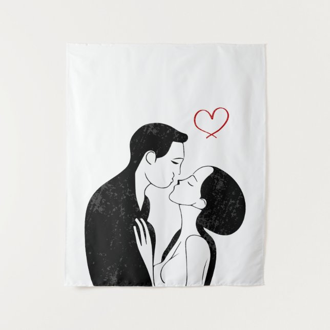 Tenture Douce Doodle Amour Coeur Romantique Couple Kiss (Devant)
