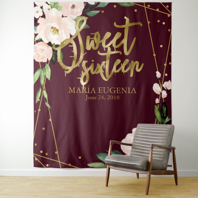 Tenture Douce toile de fond florale bordeaux pour 16 ans (En situation)
