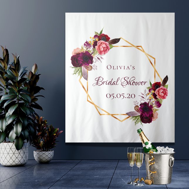 Tenture Douche nuptiale fleurie or géométrique nom bordeau (Créateur téléchargé)