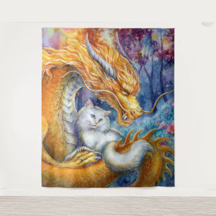 Tenture Dragon ardent et chat blanc dans une forêt mystiqu