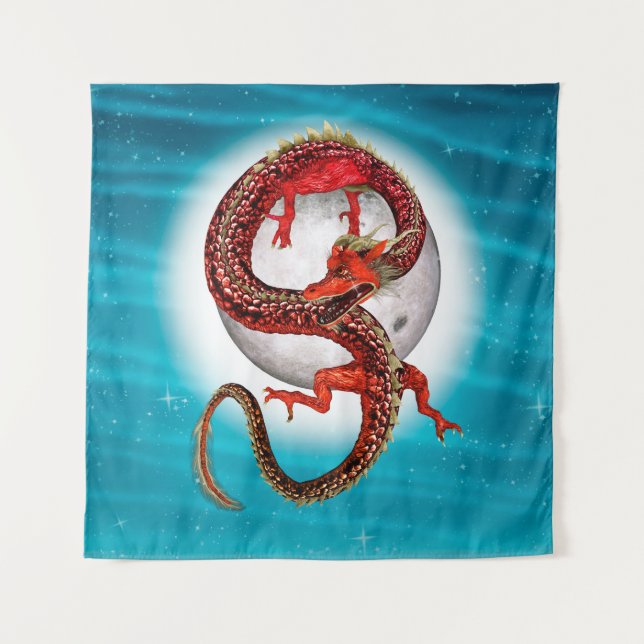 Tenture Dragon Lune Rouge Fantastique Artistique (Devant)