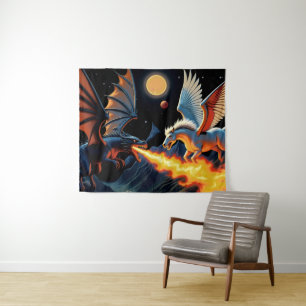 Tenture Dragon qui souffle du feu et Pégase
