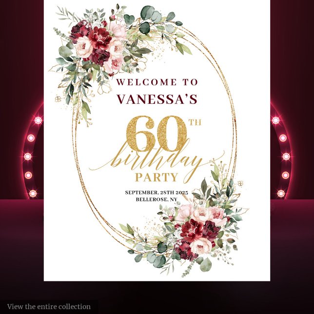 Tenture Dreamy Boho Burgundy Floral Gold 60th Birthday  (Dreamy Boho Burgundy Floral Gold 60th Birthday Backdrop)