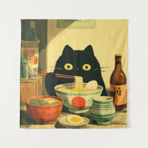 Tenture Drôle chat noir manger Ramen Vintage japonais