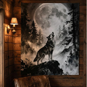 Tenture du loup hurlant à la lune   Forêt sombre