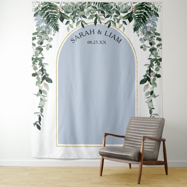 Tenture Dusty Blue Boho Arch Botanic Arch arrière-plan mar (En situation)