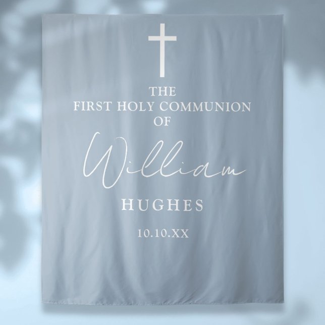 Tenture Dusty Blue First Holy Communion Fond photo (Dusty Blue First Holy Communion Photo Backdrop)