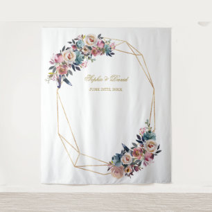 Tenture Dusty Blue Misty Rose Floral Gold Photo Booth Prop