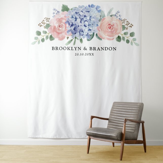 Tenture Dusty Blue Pastel Pink hydrangeas Mariage fond (En situation)